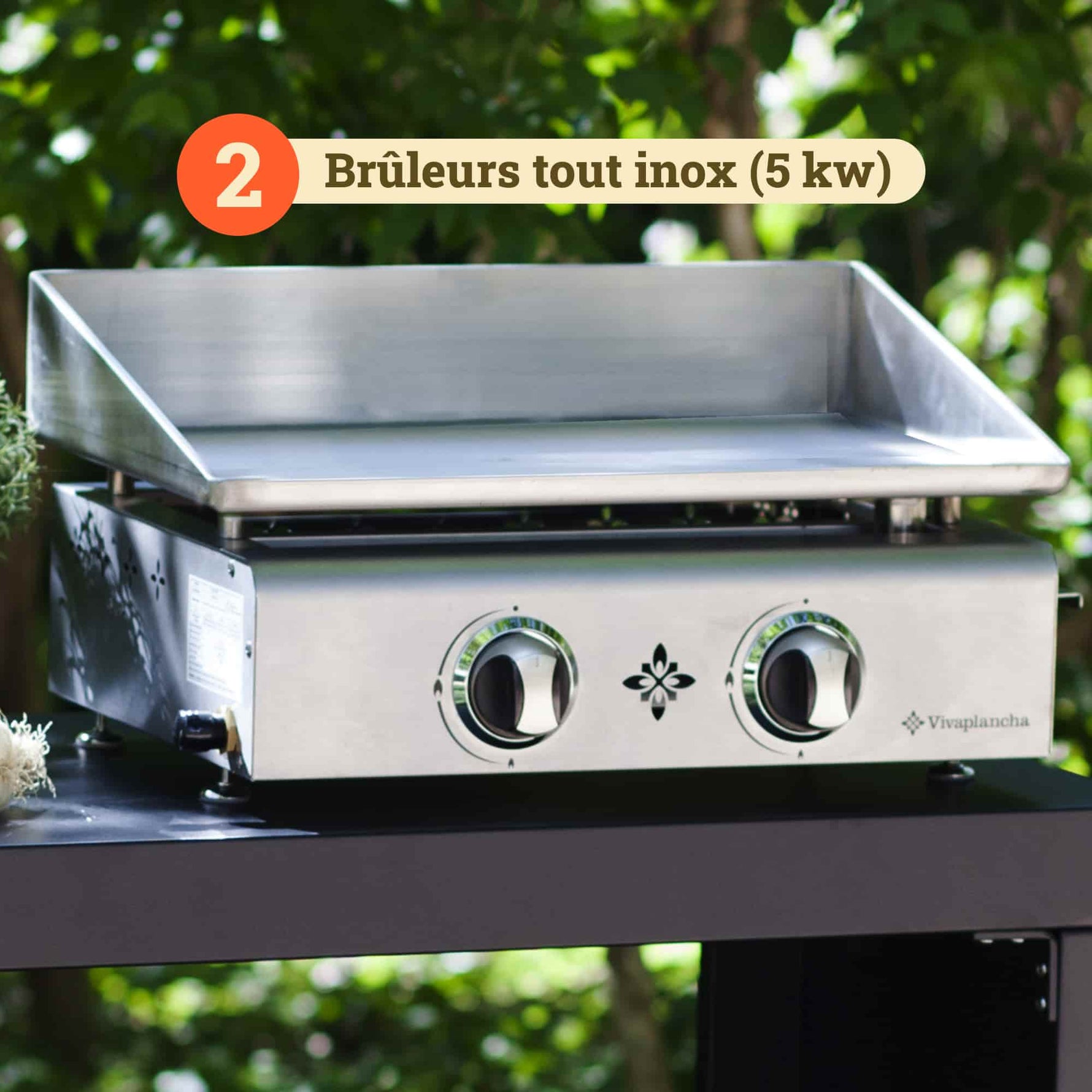 Vivaplancha stainless steel plancha with two all-stainless steel 5 kW burners, placed on an outdoor trolley, surrounded by vegetation in the background.