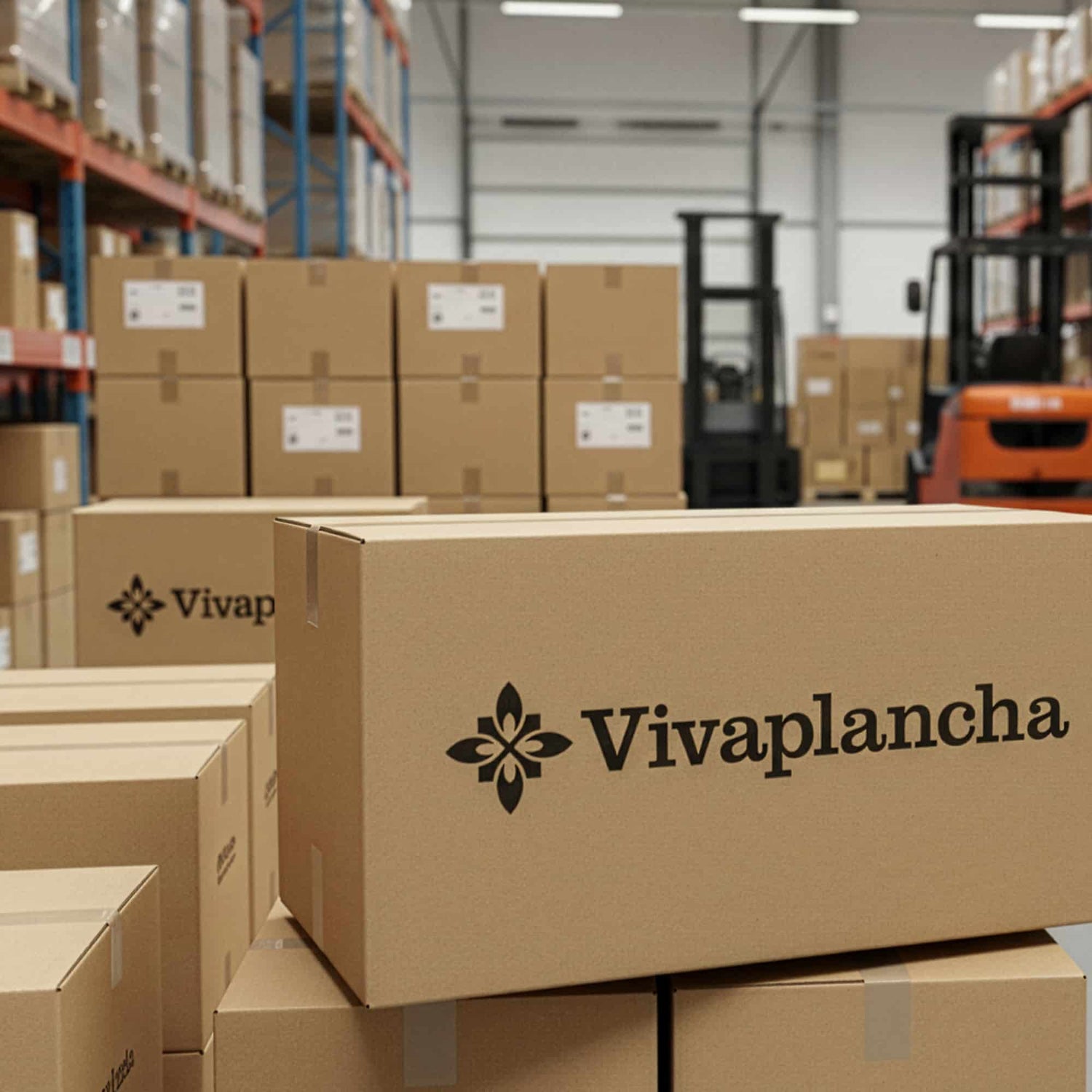 Vivaplancha shipping boxes stacked in a warehouse, with the logo printed on the packaging and storage pallets in the background.