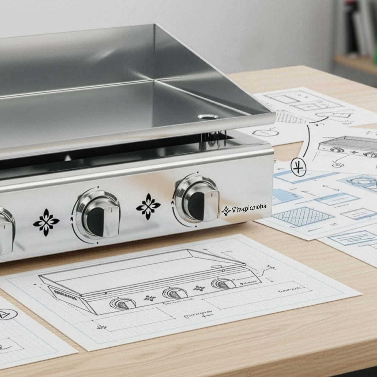 Vivaplancha gas griddle in stainless steel with three control knobs, placed on a worktop, surrounded by technical drawings and design sketches.