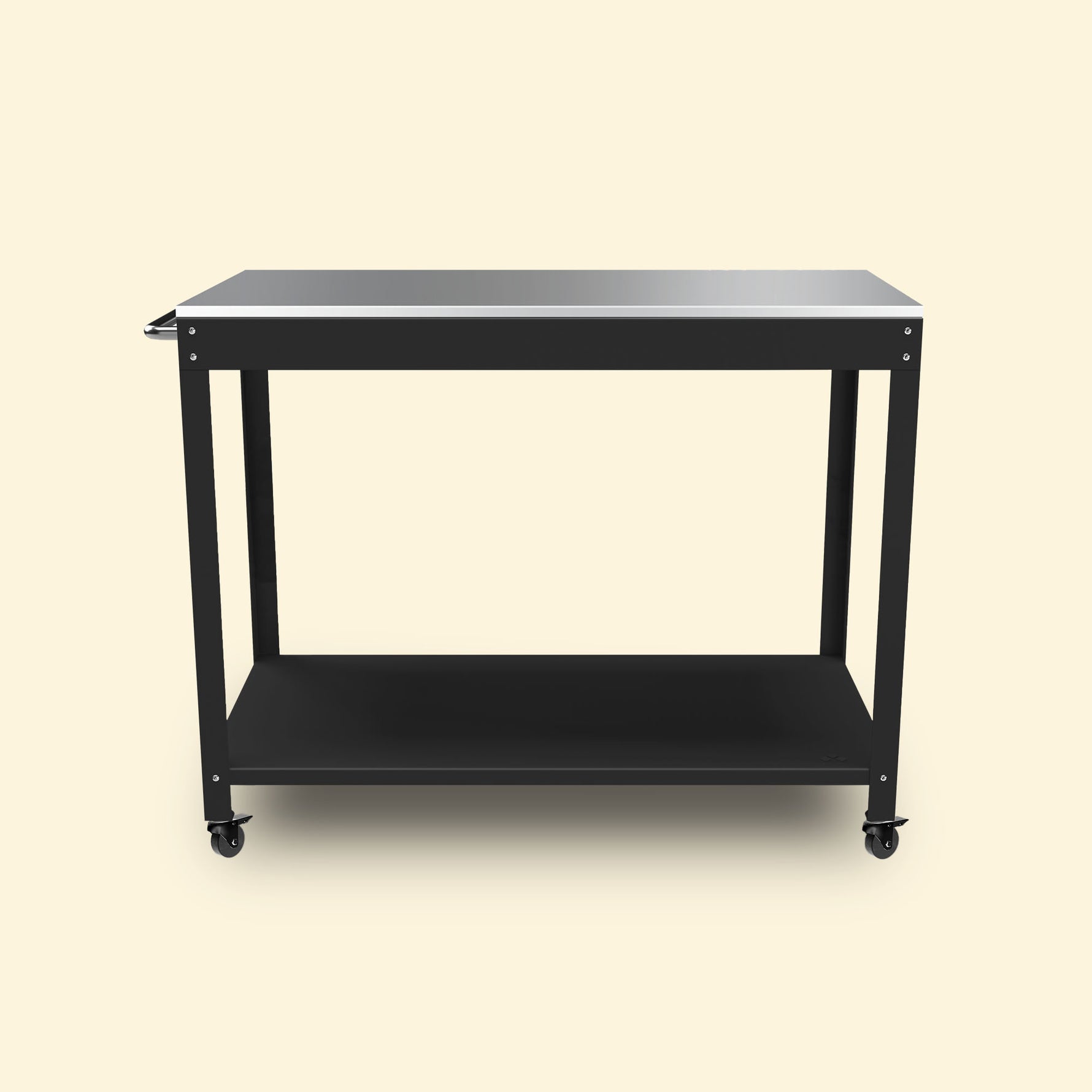 Desserte Goya 100 en métal noir avec plateau inox, équipée de roulettes et d’une étagère inférieure, présentée sur fond uni.
