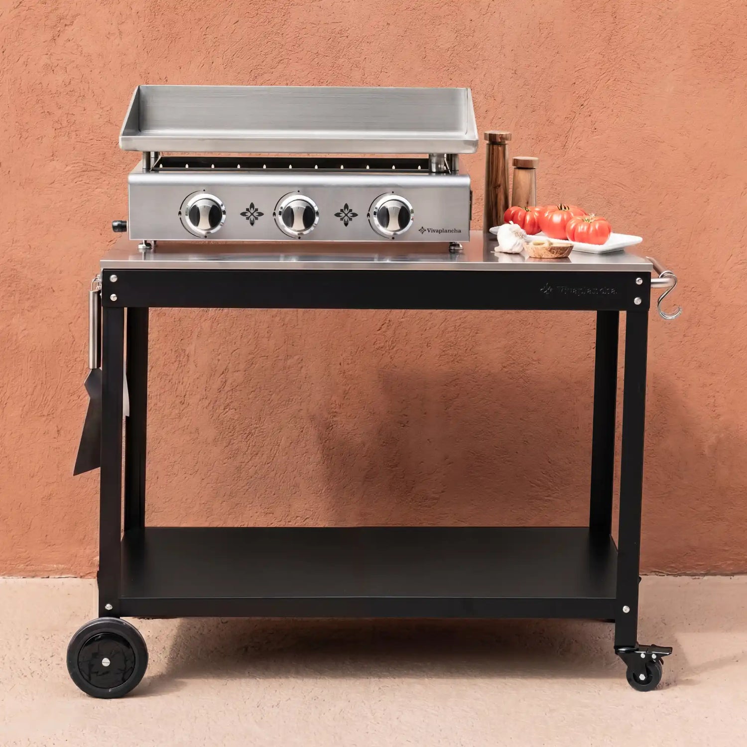 Stainless Steel Gas Griddle Set PIMIENTOS 3 Burners + Lid + Accessories + Trolley