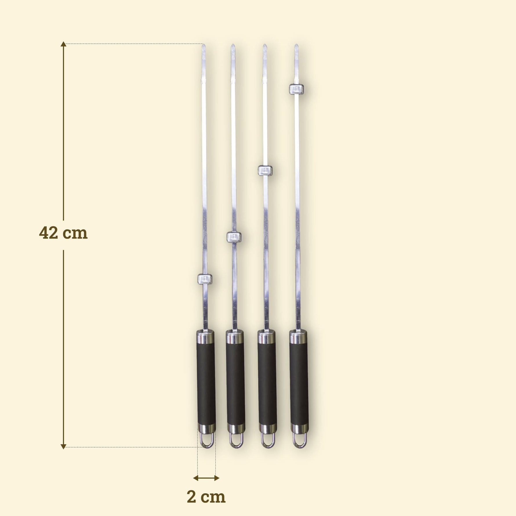 Set of four 42 cm stainless steel skewers with adjustable rings and black handles fitted with a hanging loop.