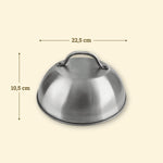 Stainless steel cooking dome, 22.5 cm in diameter and 10.5 cm high, with a sturdy handle on top.
