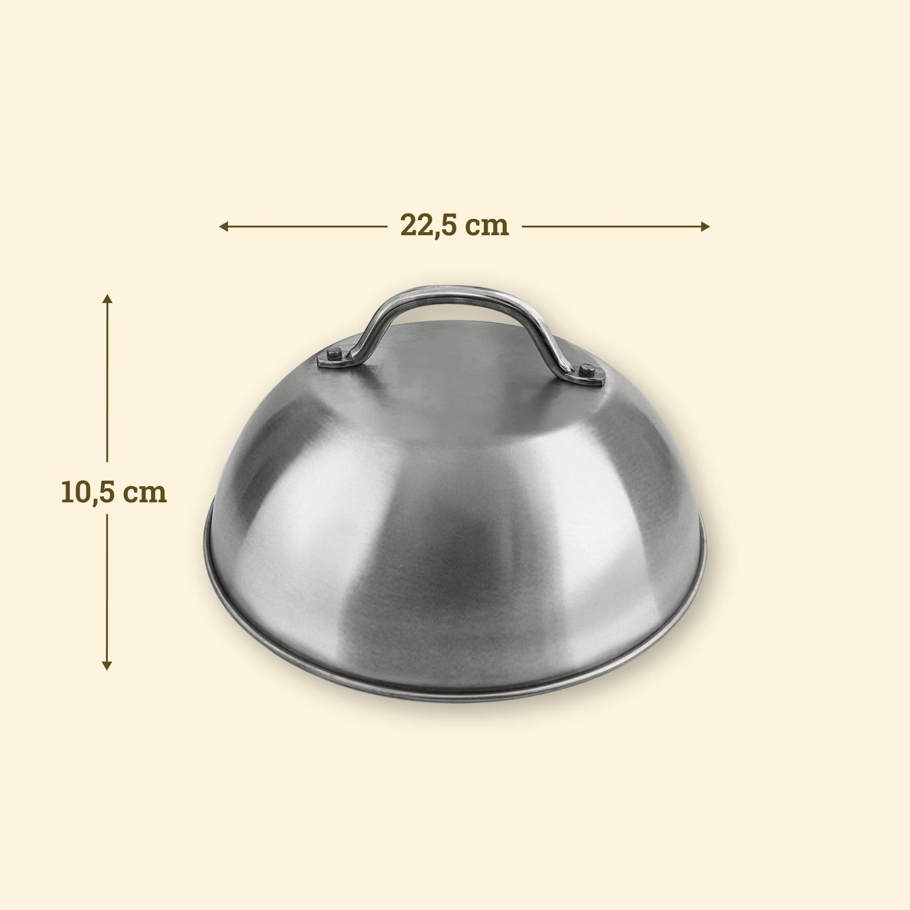 Stainless steel cooking dome, 22.5 cm in diameter and 10.5 cm high, with a sturdy handle on top.