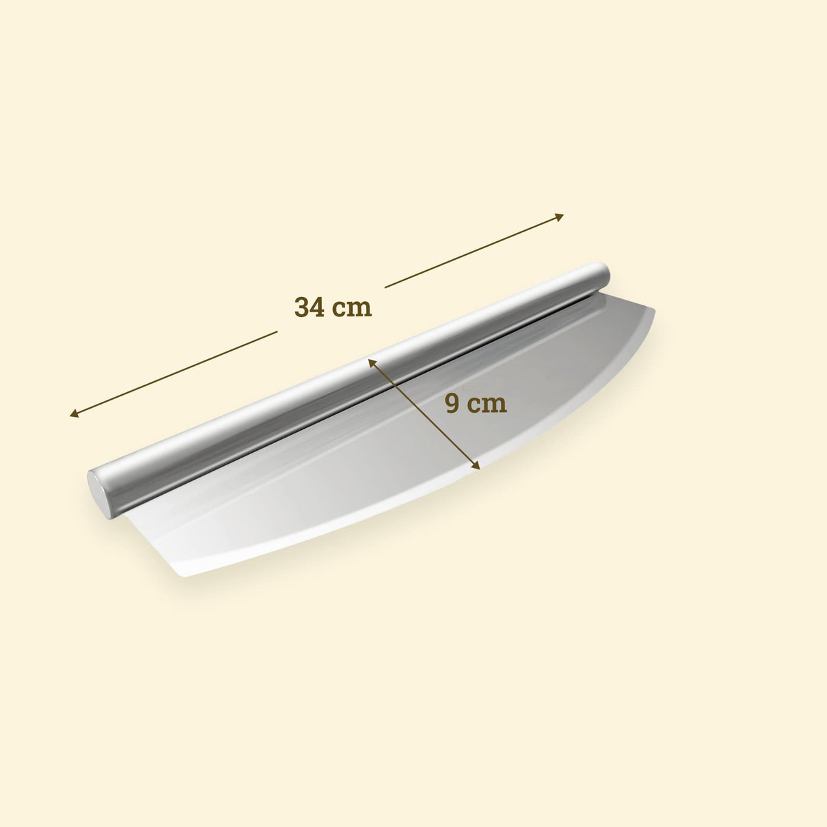 Coupe-pizza en inox de 34 cm avec lame incurvée de 9 cm et poignée tubulaire en acier inoxydable.
