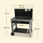 Vivaplancha wooden trolley with a 101.5 cm backsplash, 90 cm shelf, and 80.5 cm height, featuring dedicated spaces for accessories.