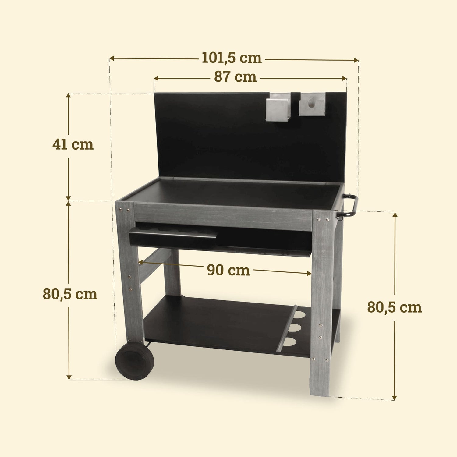 Vivaplancha wooden trolley with a 101.5 cm backsplash, 90 cm shelf, and 80.5 cm height, featuring dedicated spaces for accessories.
