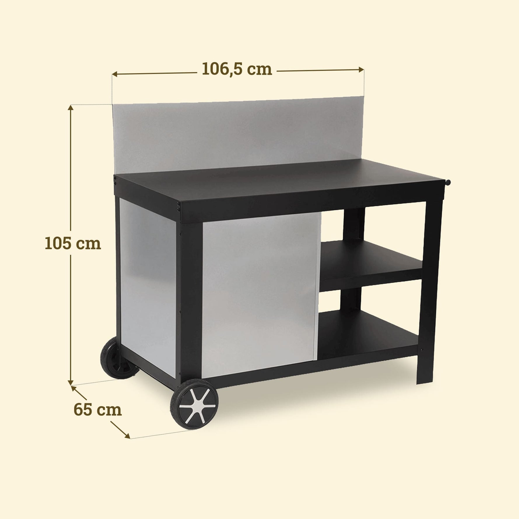 Vivaplancha metal and stainless steel trolley, with a 106.5 cm backsplash, 65 cm depth and total height of 105 cm.