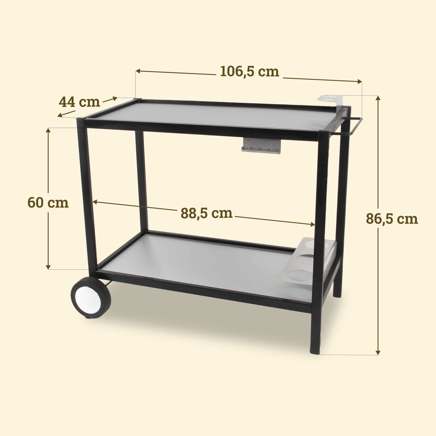 Vivaplancha metal trolley with stainless steel shelves, width 106.5 cm, depth 44 cm and height 86.5 cm.