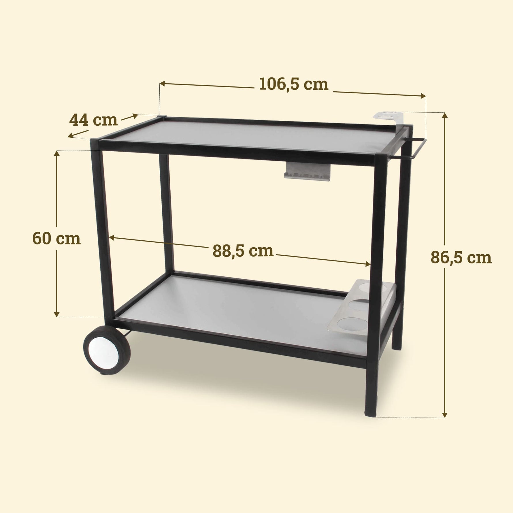 Vivaplancha metal trolley with stainless steel shelves, width 106.5 cm, depth 44 cm and height 86.5 cm.