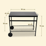 Vivaplancha black metal trolley, 90 × 47 cm top, 75 cm high, with lower mesh shelf.