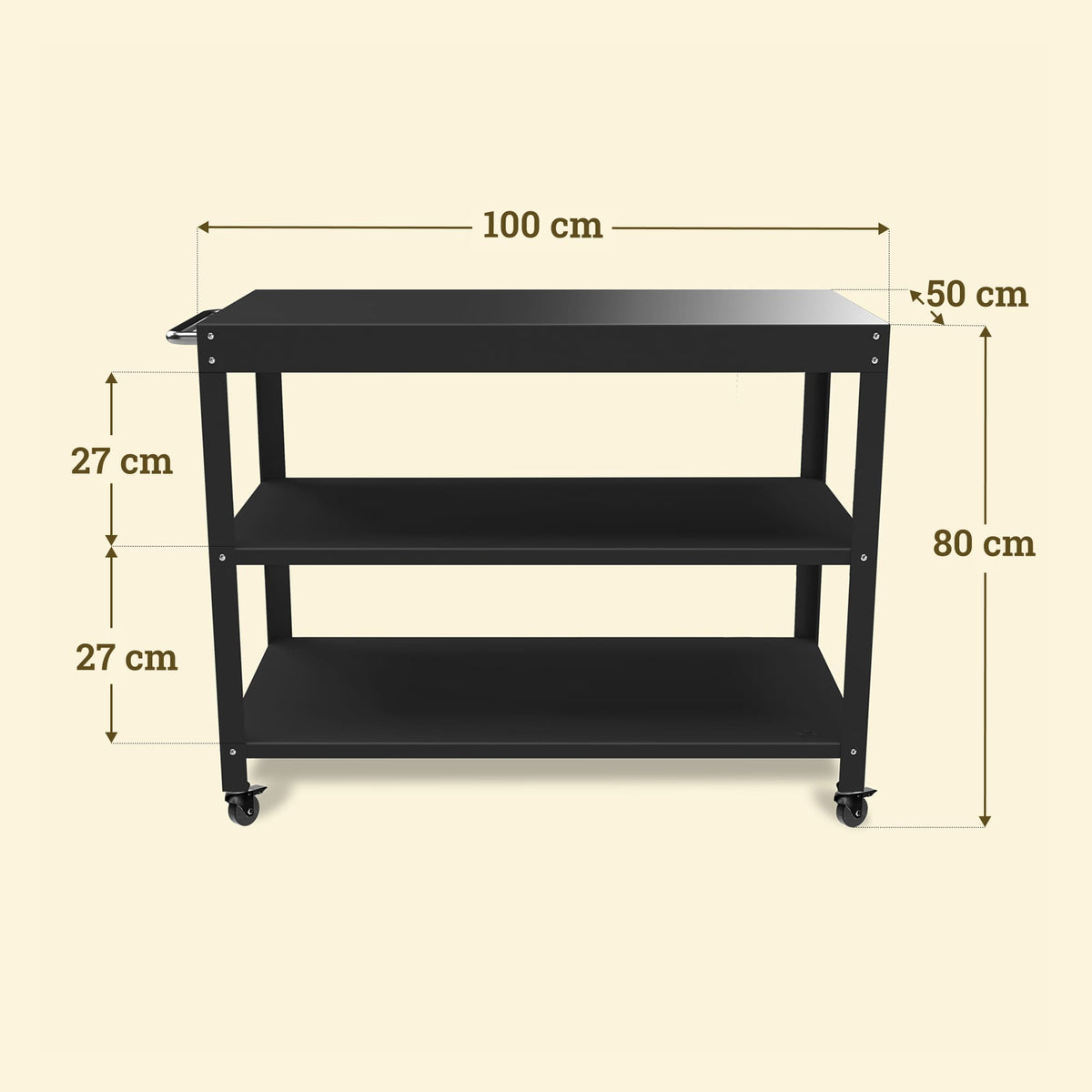 Large Vivaplancha trolley with three metal shelves, 100 cm wide, 50 cm deep, and 80 cm high.