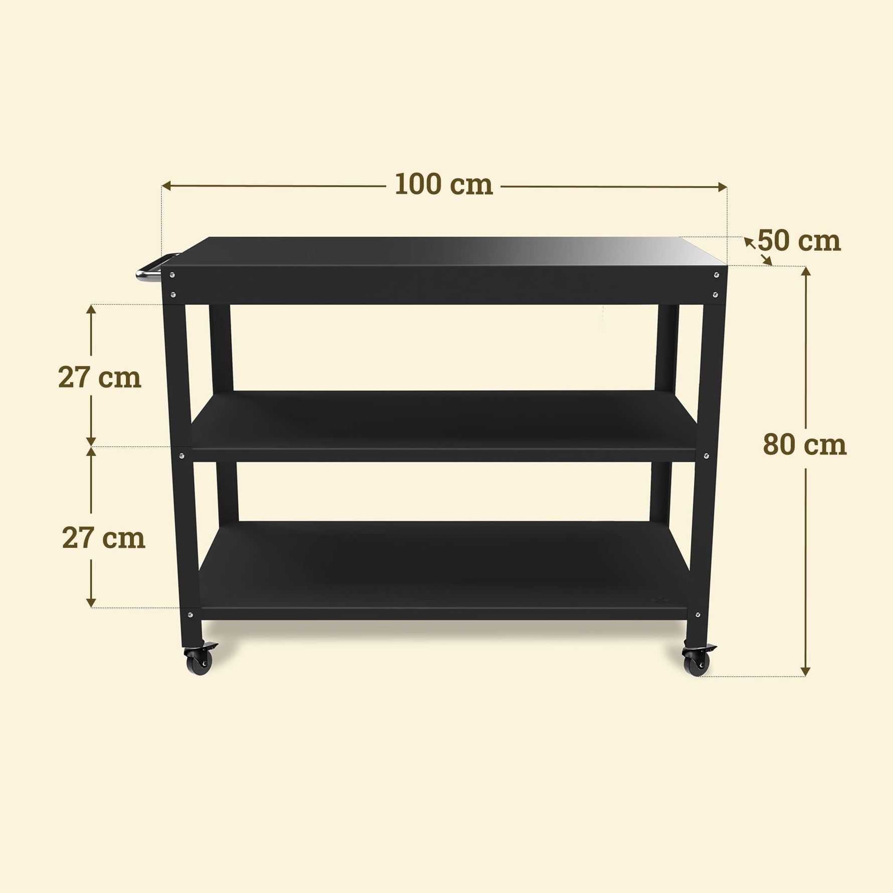 Large Vivaplancha trolley with three metal shelves, 100 cm wide, 50 cm deep, and 80 cm high.