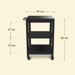 Compact Vivaplancha trolley measuring 50 × 50 cm and 80 cm high, fitted with three metal shelves.