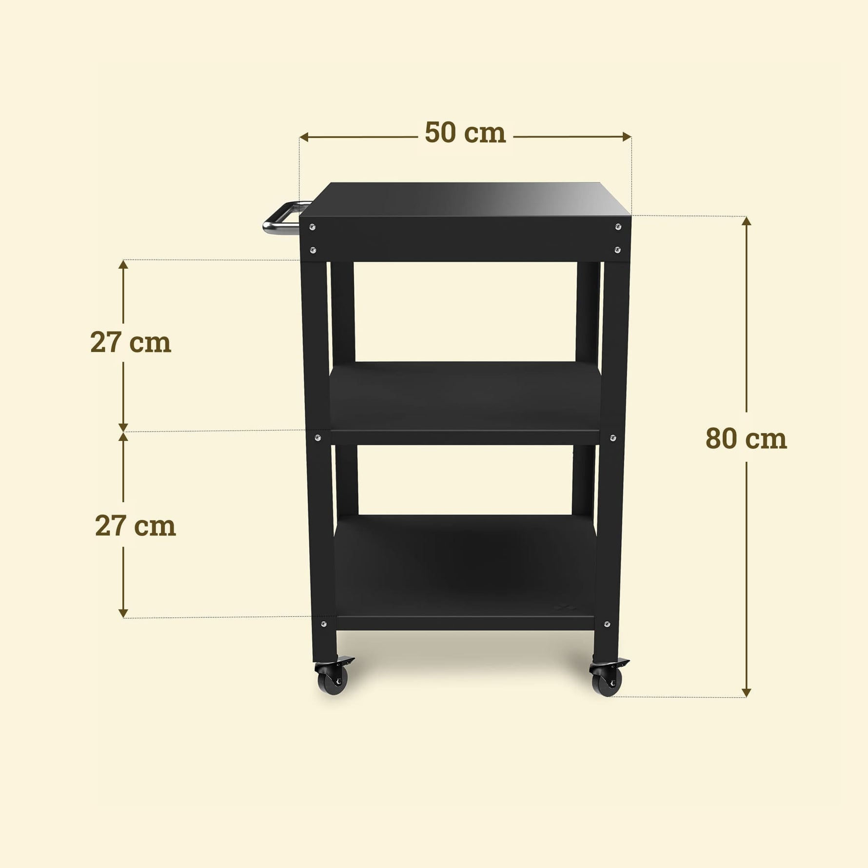 Compact Vivaplancha trolley measuring 50 × 50 cm and 80 cm high, fitted with three metal shelves.