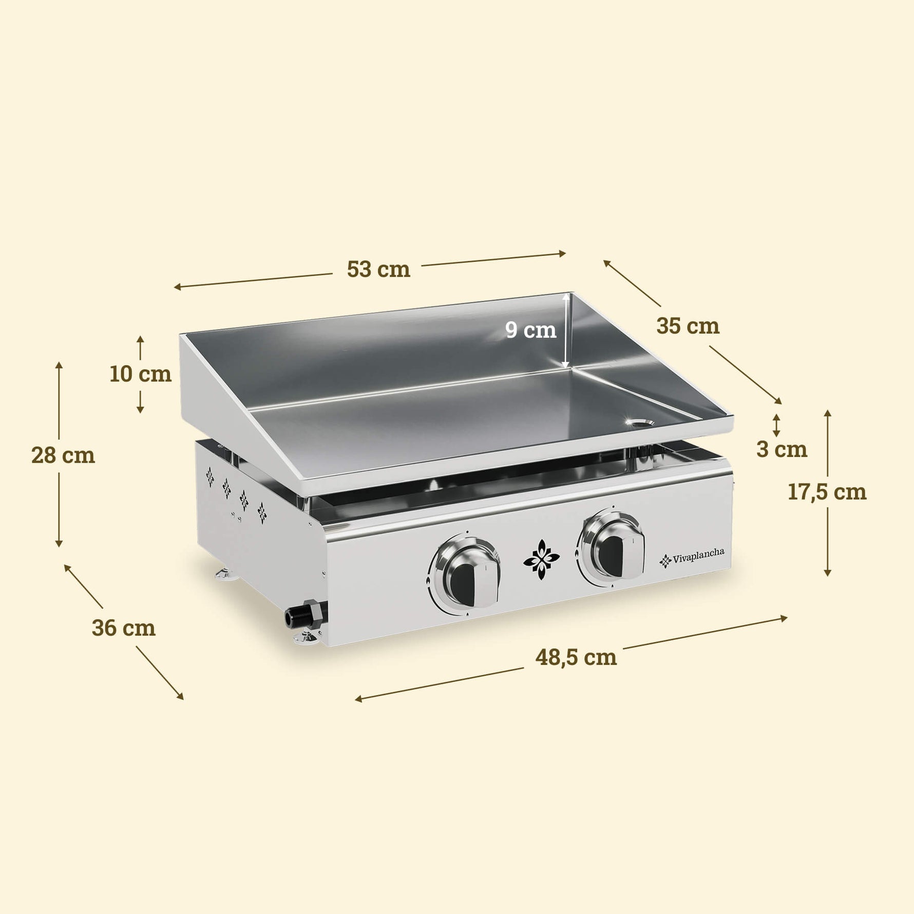 Diagram showing the dimensions of the Vivaplancha Flamenco stainless steel griddle, featuring a cooking surface of 53 × 35 cm, edges of 9 cm and 3 cm, an overall height of 28 cm, a depth of 36 cm, and a width of 48.5 cm.