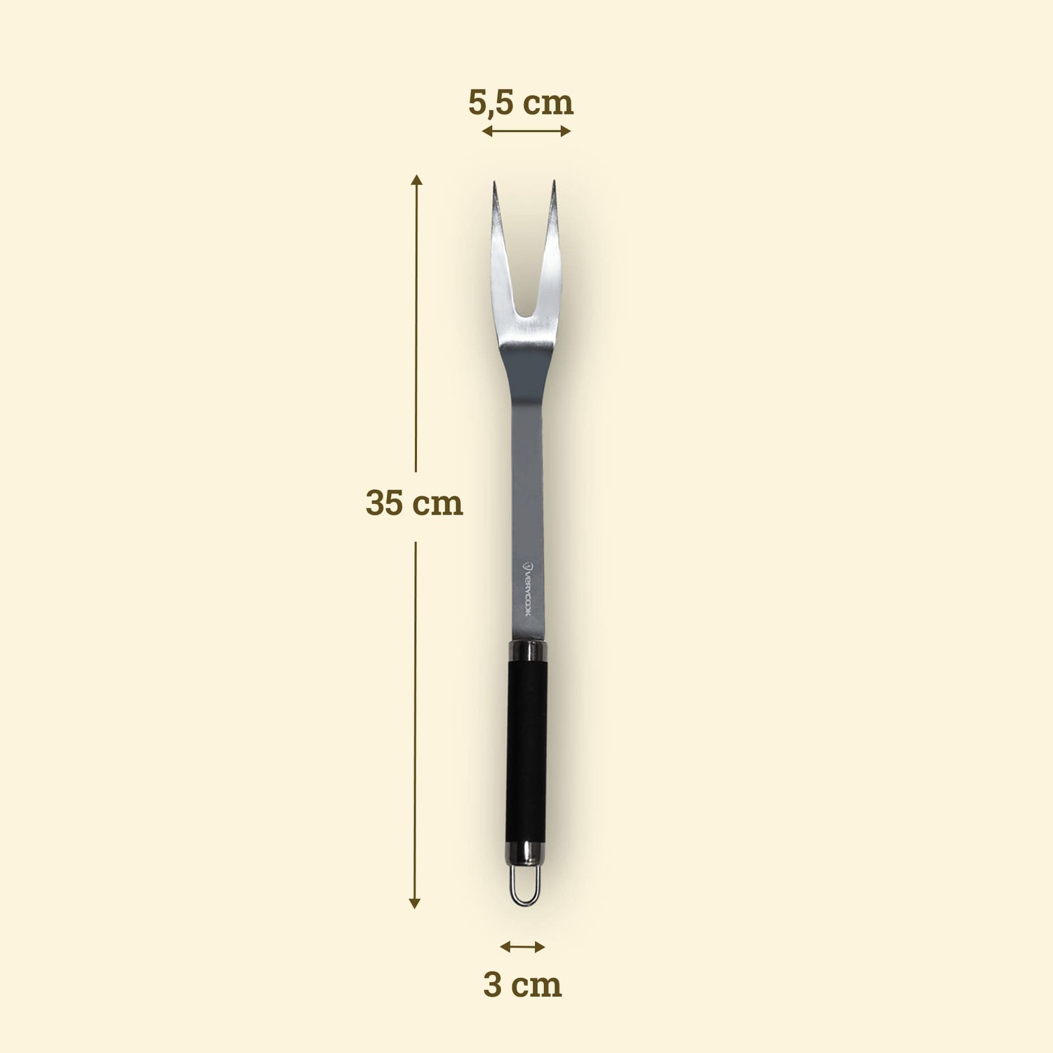 Fourchette à viande en inox de 35 cm avec dents de 5,5 cm et manche noir avec anneau de suspension.