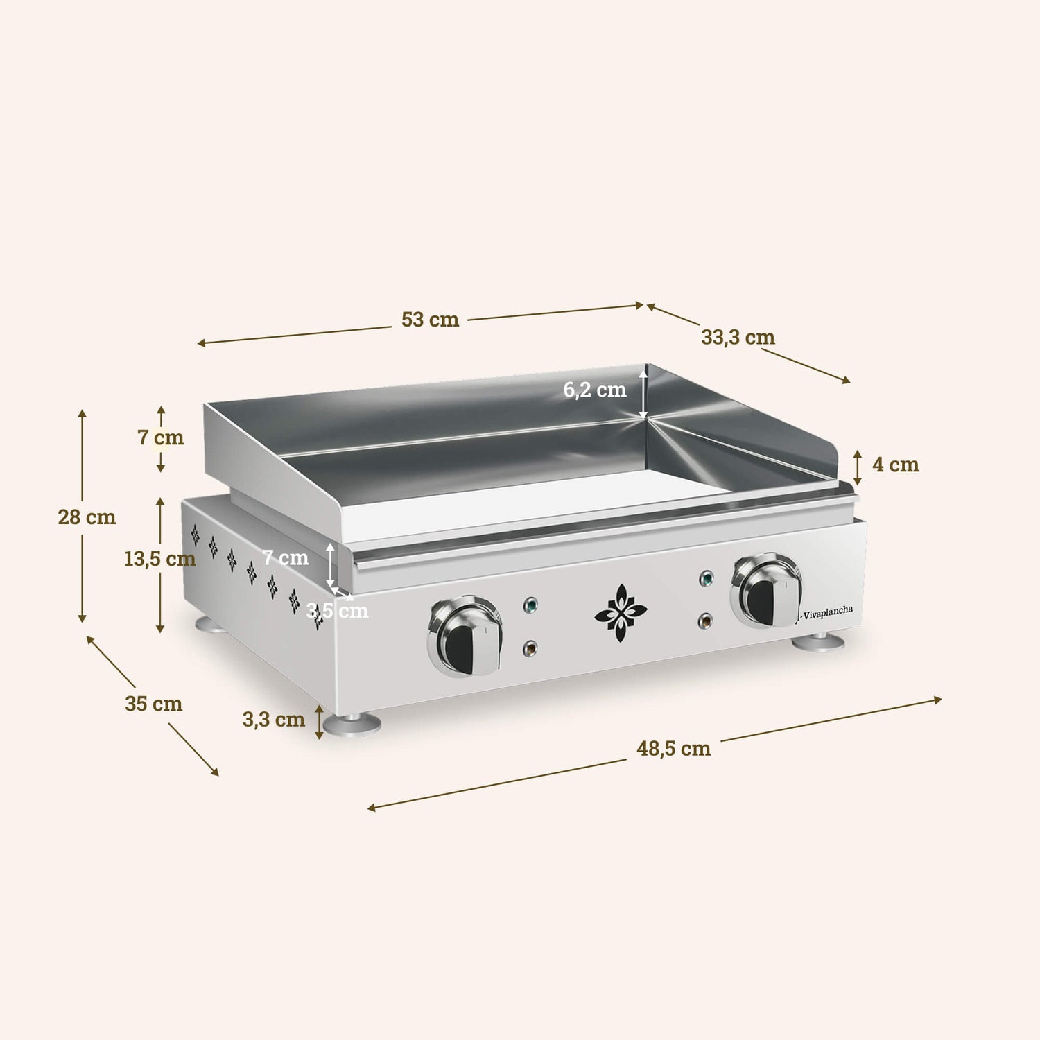 Diagram of the dimensions of the Vivaplancha Lima stainless steel griddle, showing a cooking surface of 53 × 33.3 cm, edges of 7 cm, 6.2 cm and 4 cm, a total height of 28 cm, a depth of 35 cm and a width of 48.5 cm.