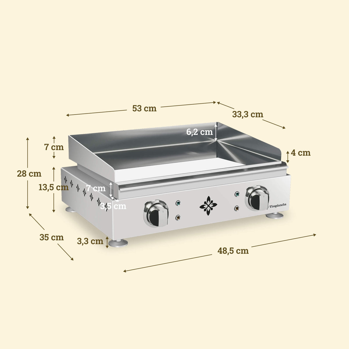 Diagram of the dimensions of the Vivaplancha Lima stainless steel griddle, showing a cooking surface of 53 × 33.3 cm, edges of 7 cm, 6.2 cm and 4 cm, a total height of 28 cm, a depth of 35 cm, and a width of 48.5 cm.