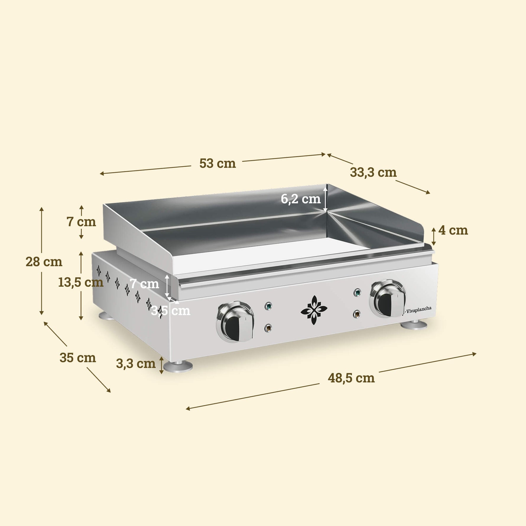 Diagram of the dimensions of the Vivaplancha Lima stainless steel griddle, showing a cooking surface of 53 × 33.3 cm, edges of 7 cm, 6.2 cm and 4 cm, a total height of 28 cm, a depth of 35 cm, and a width of 48.5 cm.