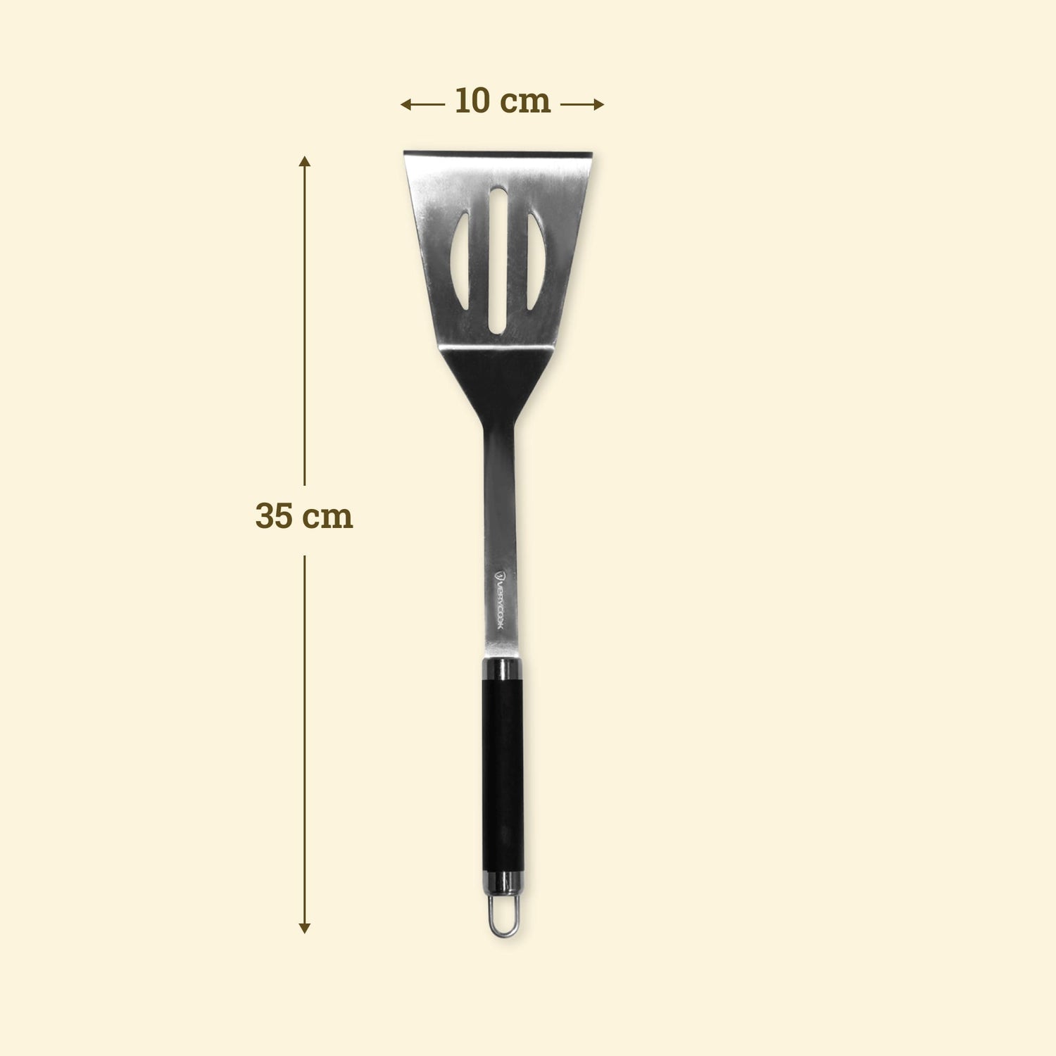 Extra-long stainless steel spatula, 35 cm, with a 10 cm slotted head, non-slip black handle, and hanging loop.