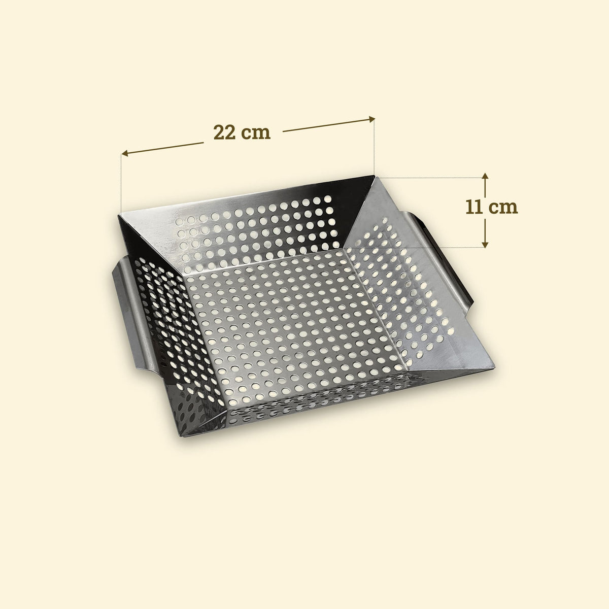 Perforated stainless steel cooking basket, square shape 22 cm with 11 cm high edges and side handles.