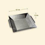 Perforated stainless steel cooking basket, square shape 22 cm with 11 cm high edges and side handles.