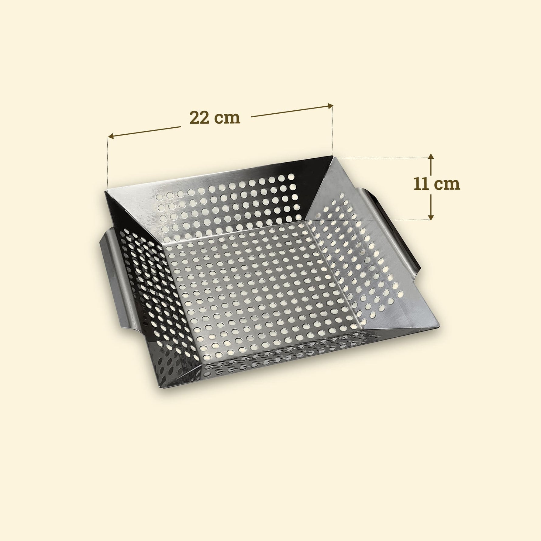 Perforated stainless steel cooking basket, square shape 22 cm with 11 cm high edges and side handles.