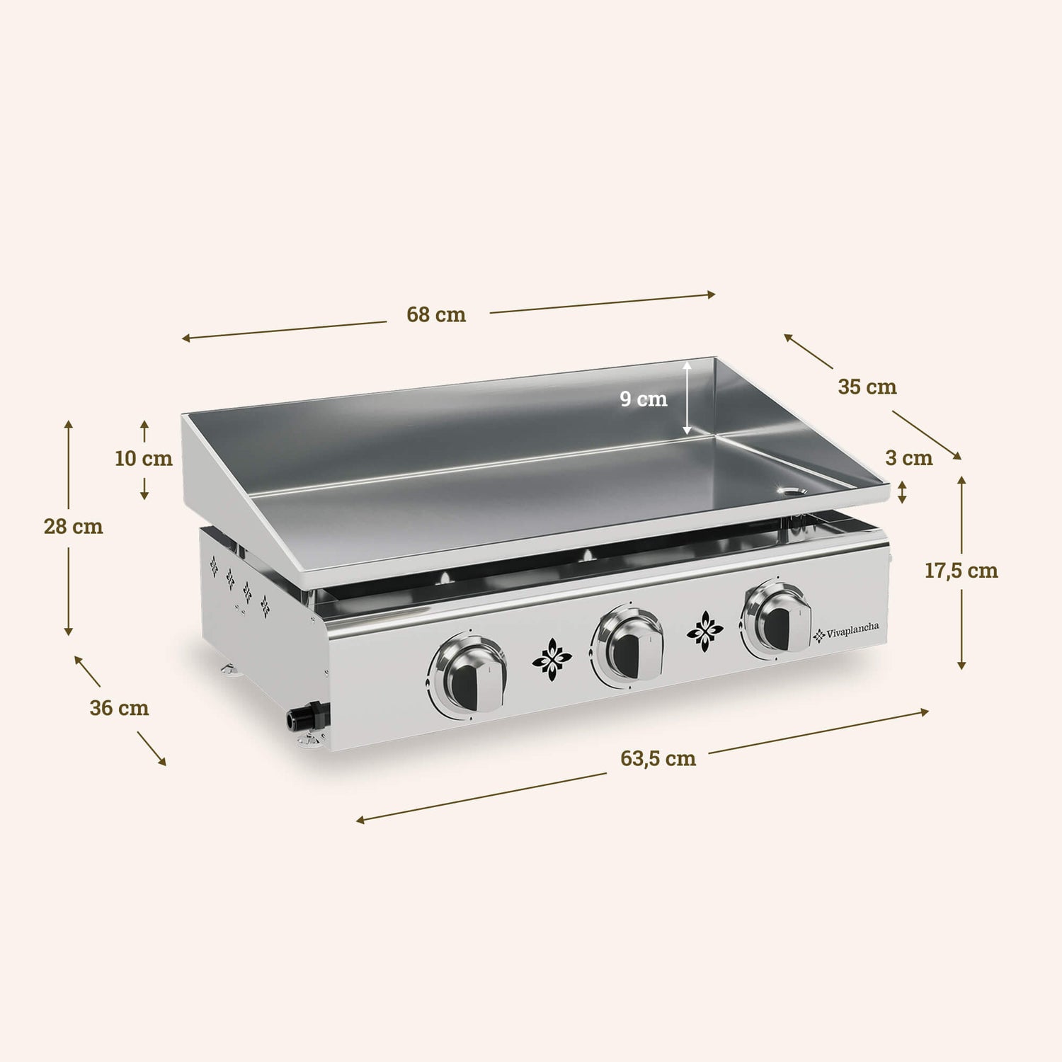 Diagram showing the dimensions of the Vivaplancha Pimientos stainless steel griddle, featuring a cooking surface of 68 × 35 cm, edges of 9 cm and 3 cm, an overall height of 28 cm, a depth of 36 cm, and a width of 63.5 cm.