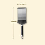 XL stainless steel spatula, 32.5 cm long, with a 10 cm rectangular blade, black handle, and hanging ring.