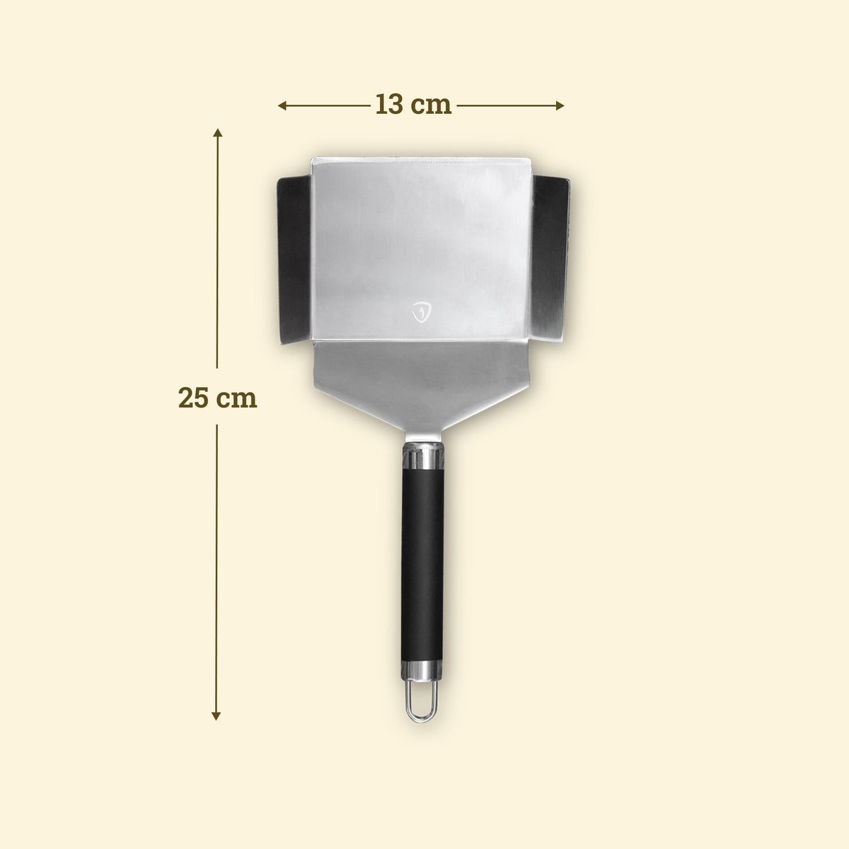 25 cm stainless steel vegetable spatula with a wide 13 cm blade and raised sides, black handle, and hanging loop.