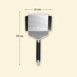 25 cm stainless steel vegetable spatula with a wide 13 cm blade and raised sides, black handle, and hanging loop.
