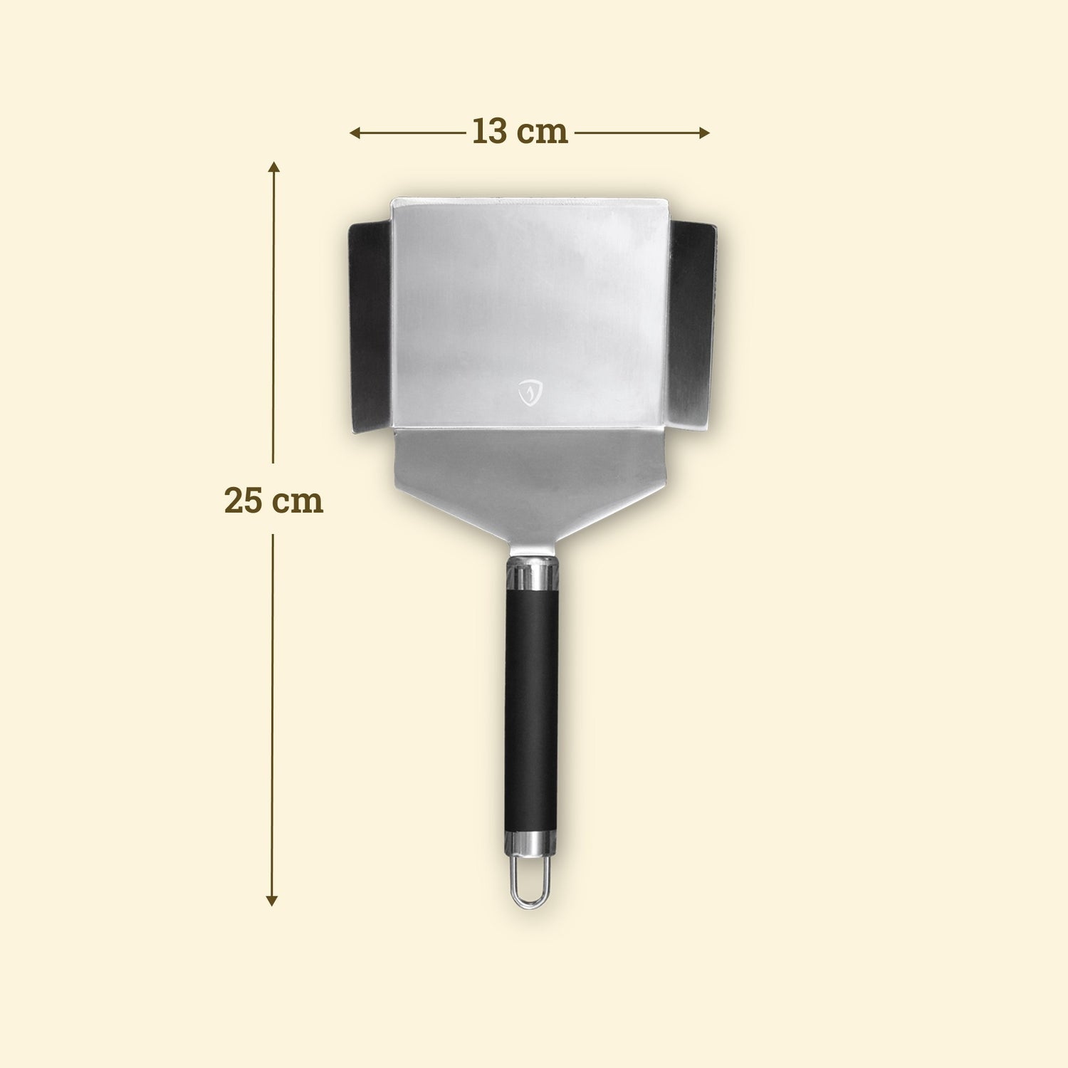 25 cm stainless steel vegetable spatula with a wide 13 cm blade and raised sides, black handle, and hanging loop.