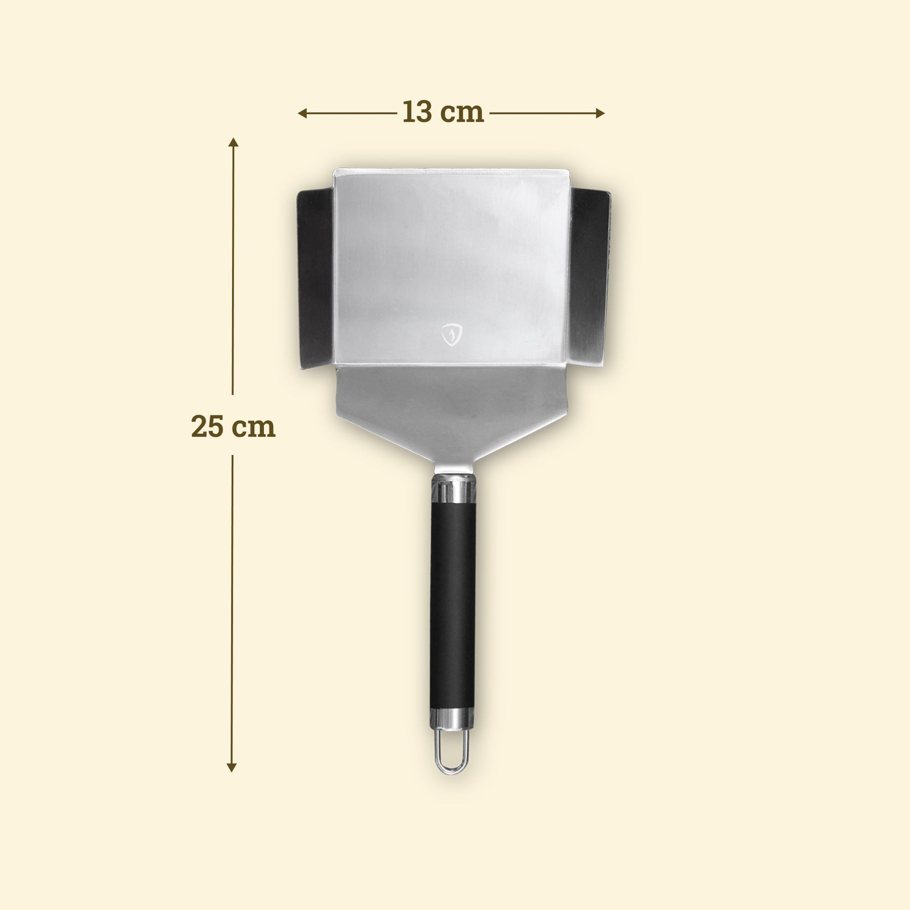 25 cm stainless steel vegetable spatula with a wide 13 cm blade and raised sides, black handle, and hanging loop.