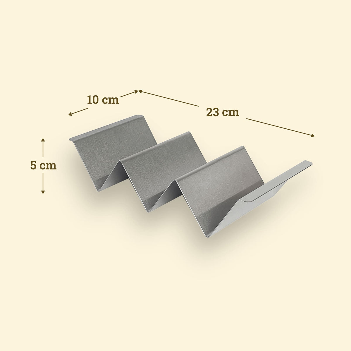 Stainless steel taco holder, 23 cm long, with three slots, 10 cm wide and 5 cm high.