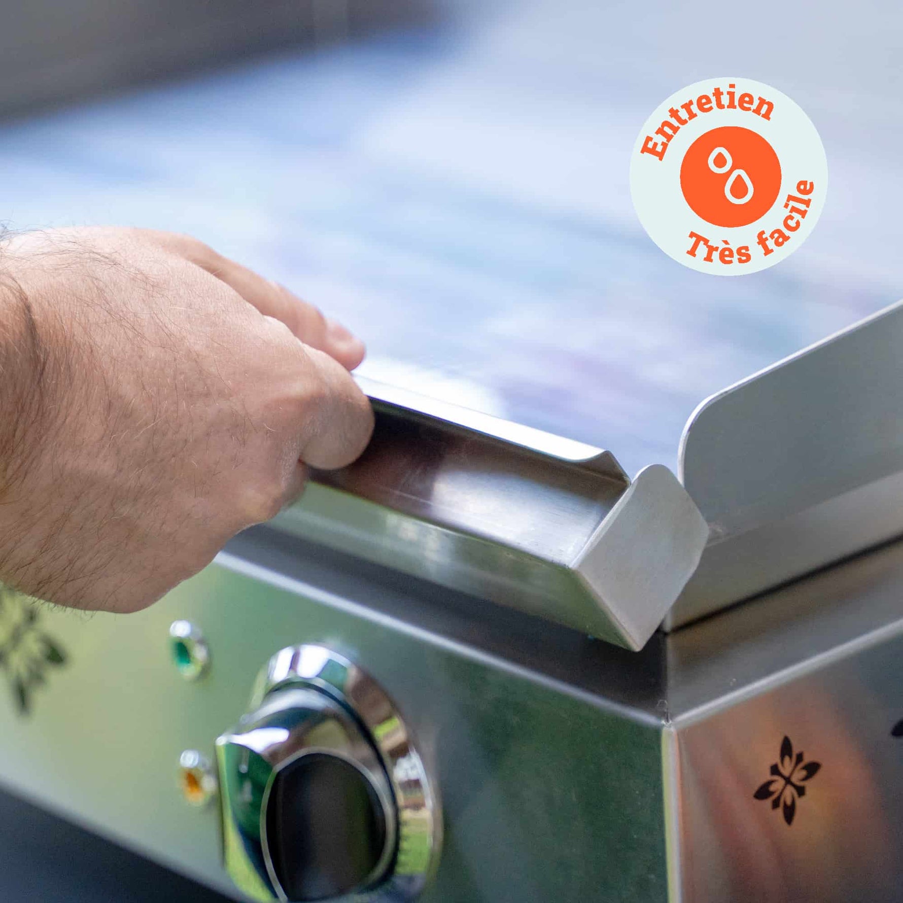 Hand removing the plate from the Vivaplancha plancha for cleaning, with a “Very easy maintenance” badge displayed in the top right corner.