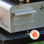 Close-up of the stainless steel grease collector on a Vivaplancha plancha, with an “Very easy maintenance” label indicating how simple it is to clean.