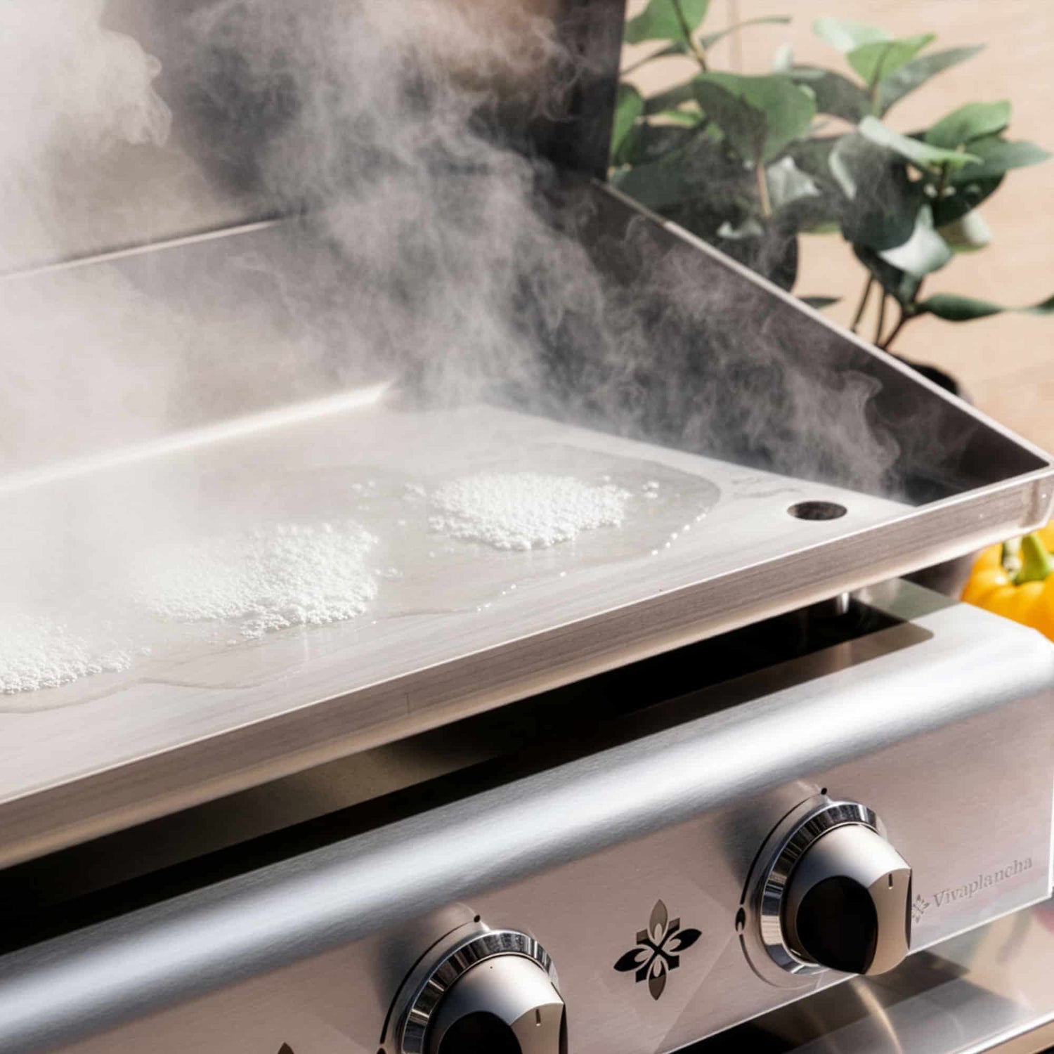 Cleaning the Vivaplancha griddle plate with hot water, removing residues after cooking