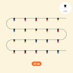 Guirlande lumineuse extérieure multicolore de 10 m avec 20 ampoules colorées réparties sur un câble noir.