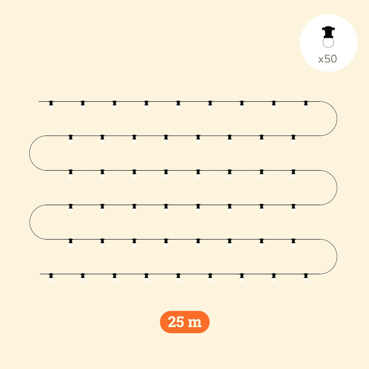 Guirlande lumineuse d’extérieur de 25 mètres avec 50 ampoules rondes blanches opaques, montées sur un câble noir, parfaite pour illuminer une terrasse, un jardin ou une pergola.