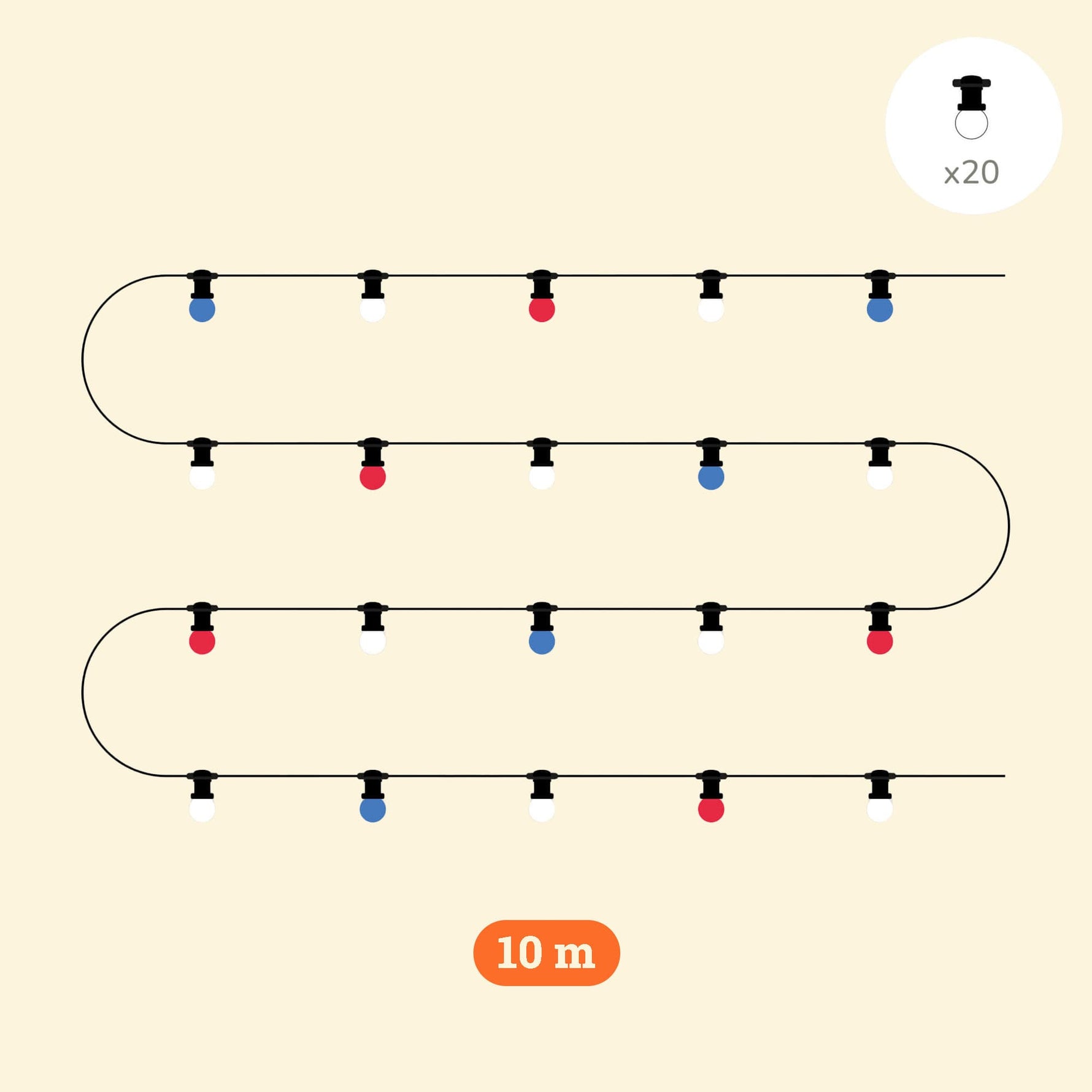 Guirlande lumineuse tricolore de 10 mètres avec 20 ampoules aux couleurs bleu, blanc et rouge, réparties régulièrement sur un câble noir pour une décoration festive et patriotique.