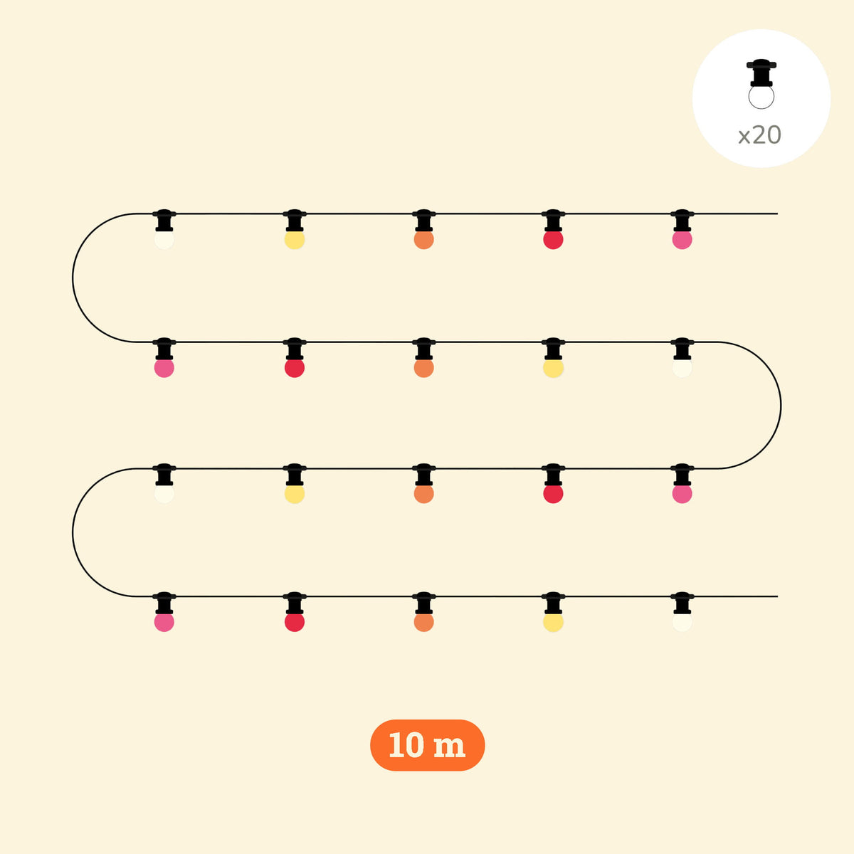 Schéma illustrant une guirlande lumineuse Sunset de 10 mètres composée de 20 ampoules colorées pour l’éclairage extérieur.