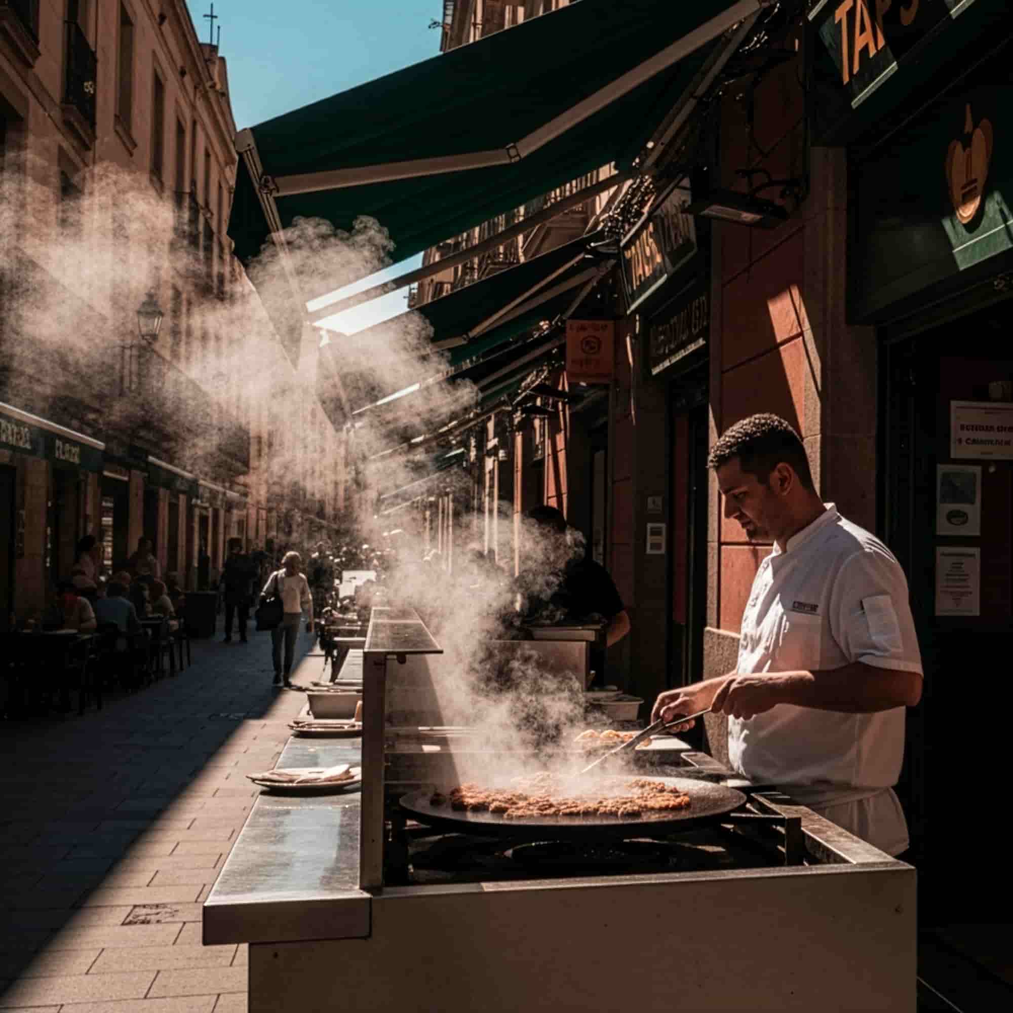 Street cooking scene with a chef preparing food on a professional griddle outdoors, in the heart of a lively street lined with restaurants and terraces.