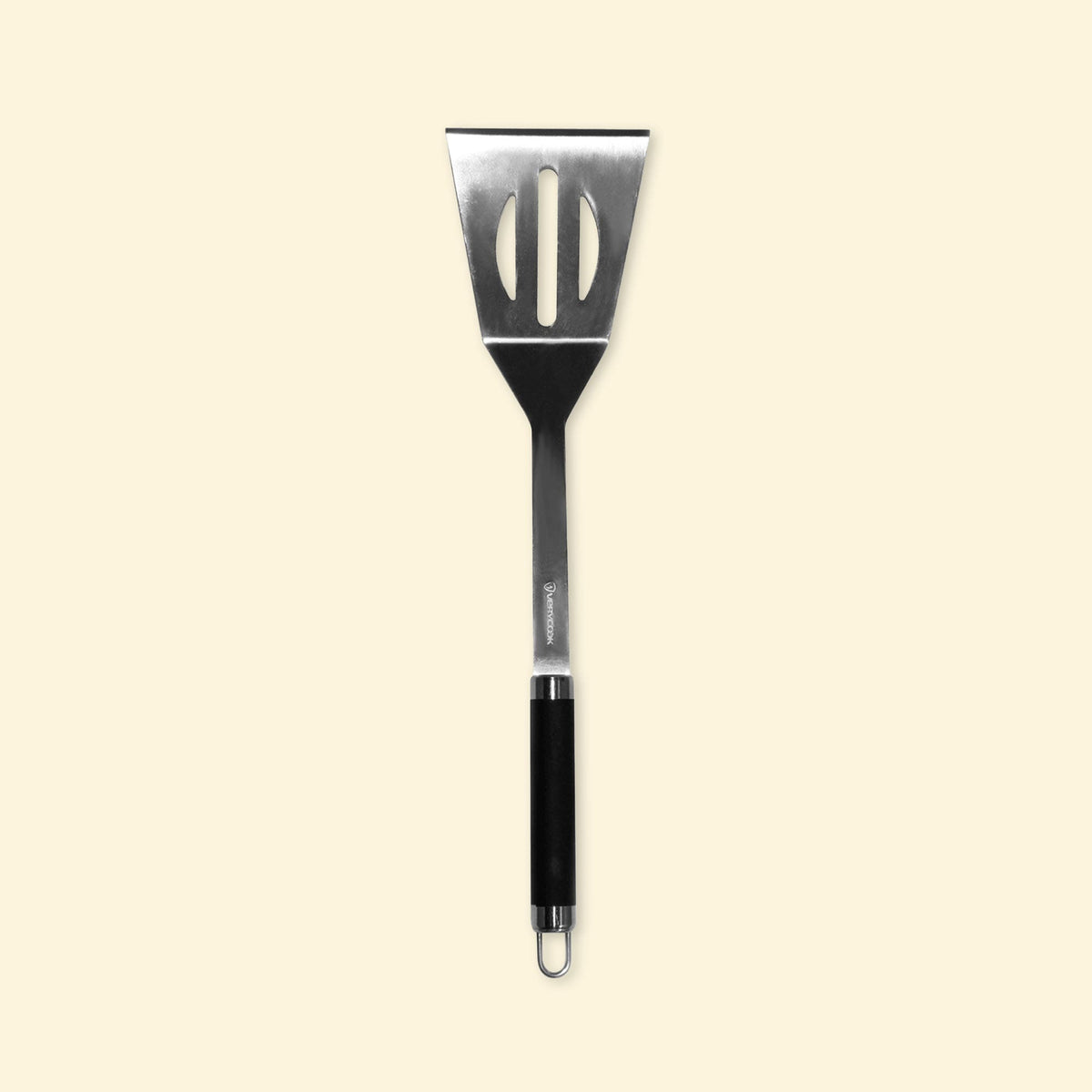 Long XL stainless steel spatula with black handle, front view on a plain background, ideal for flipping and handling food on the griddle.