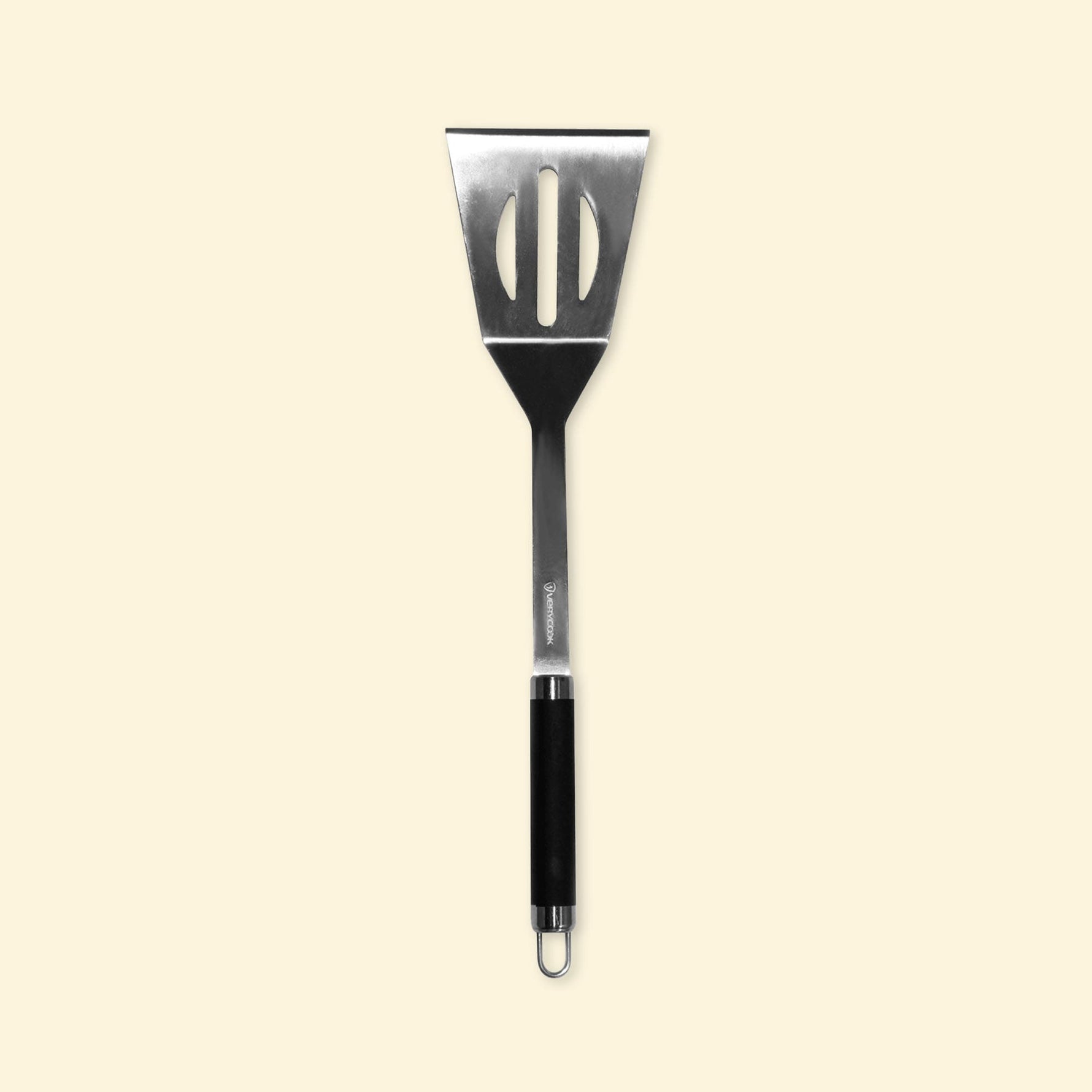 Long XL stainless steel spatula with black handle, front view on a plain background, ideal for flipping and handling food on the griddle.