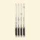 Set of four long stainless-steel skewers with black handles and adjustable rings, lined up on a beige background.