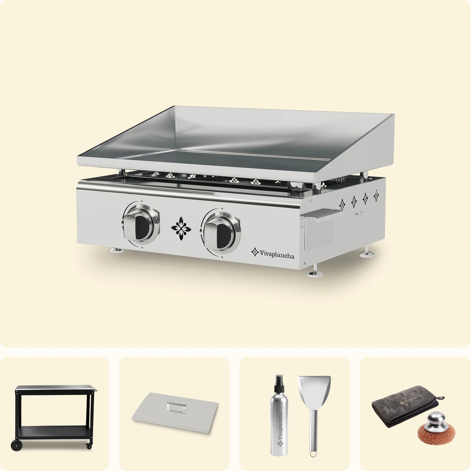 Stainless Steel Gas Griddle Set FLAMENCO 2 Burners + Lid + Accessories + Trolley