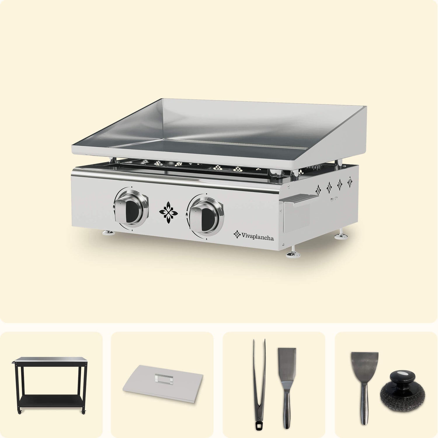 Vivaplancha set including a stainless steel griddle with two burners, a black trolley, a stainless steel lid, tongs, a serving spatula, a cleaning spatula, and a cleaning pad, all displayed on a plain background.