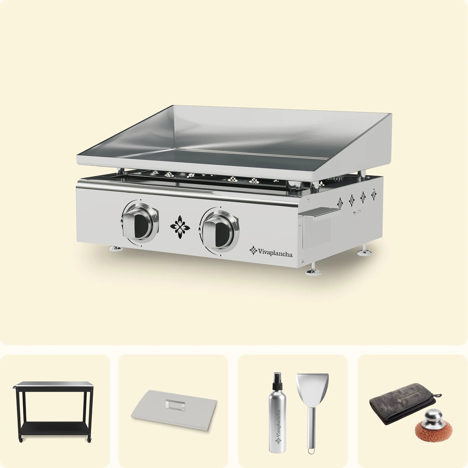 Stainless Steel Gas Griddle Set FLAMENCO 2 Burners + Lid + Accessories + Trolley
