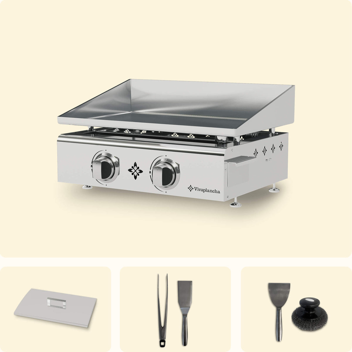 Vivaplancha set including a stainless steel griddle with two burners, a stainless steel lid, tongs, a serving spatula, a cleaning spatula, and a cleaning pad, displayed on a plain background.